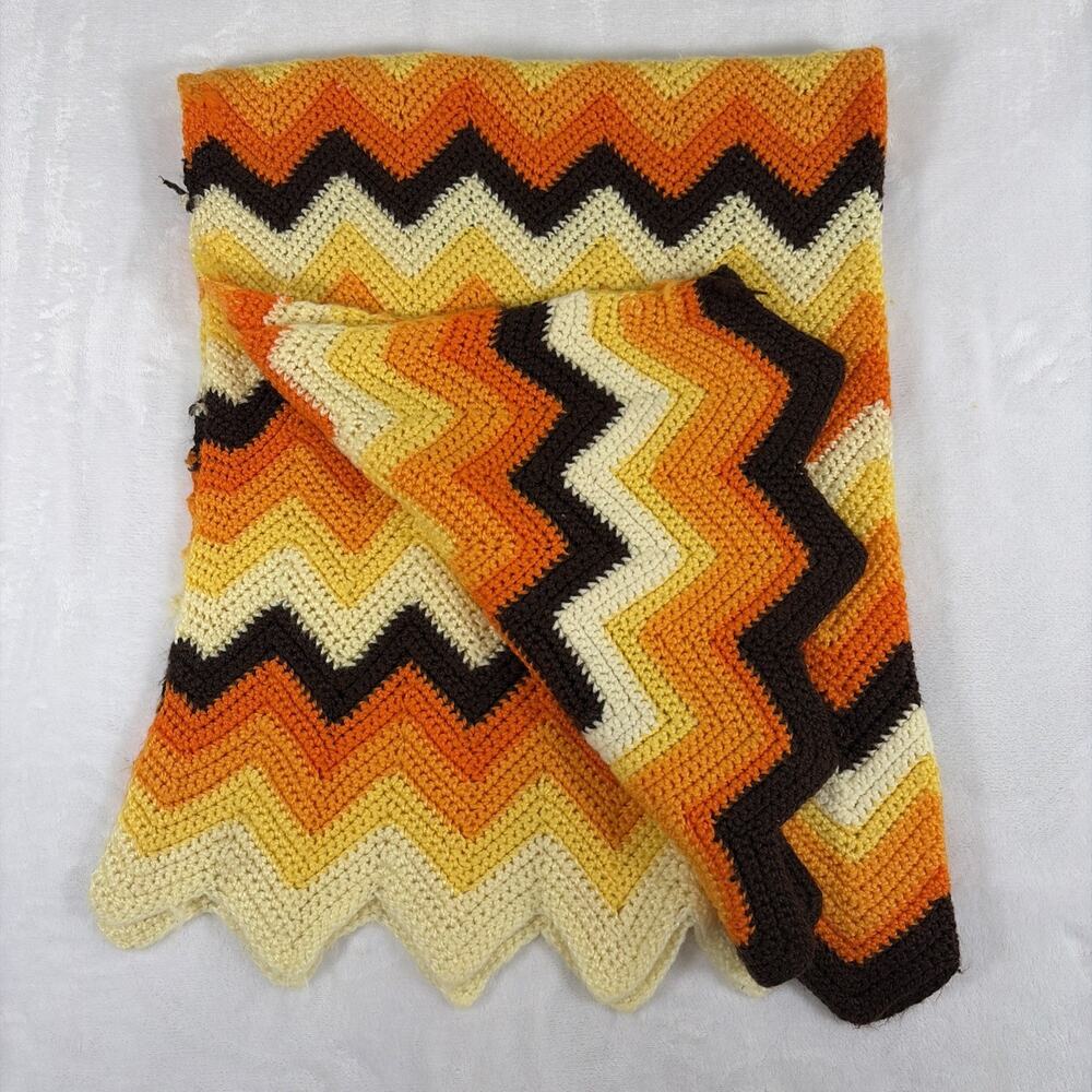 Handmade Afghan Crochet Throw Chevron Zig Zag Lap Blanket Retro Orange/Yellow